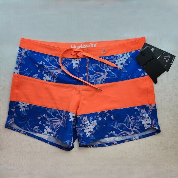 Ladies 5 inch Blue & Orange Floral Print Board Shorts - Picture 1 of 5